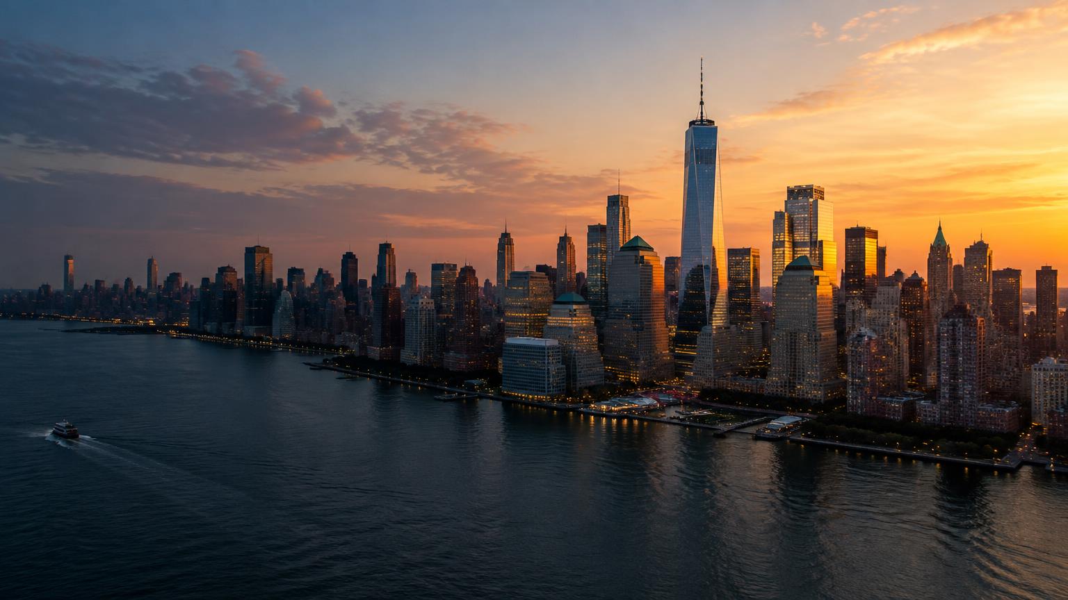 New York City skyline at sunset across the Hudson River